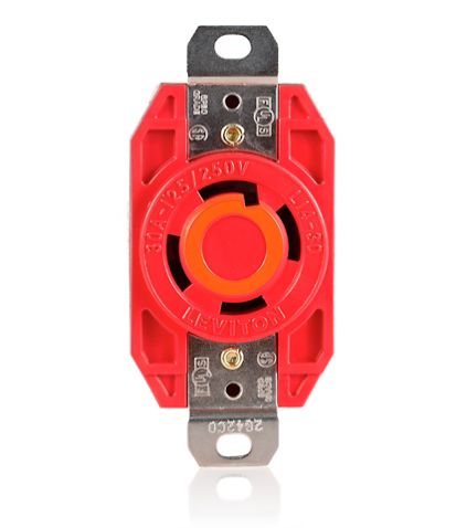 Leviton 2710-R 30 Amp, 125/250 Volt, NEMA L14-30R, 3P, 4W, Flush Mtg Locking Receptacle, Industrial Grade, Grounding - RED