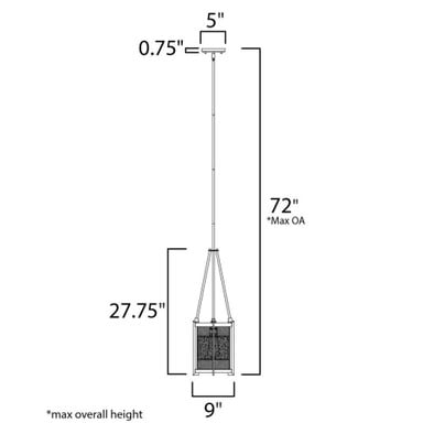 Maxim Lighting 27563BKBWAB Boundry Pendant - Dimensions Diagram: 9 inch Wide, 27.75 inch Fixture Height, 72 inch Max Overall Height
