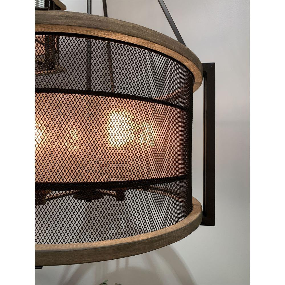 Maxim Lighting 27565BKBWAB Boundry 6 Light 24 Inch Barn Wood Black Metal Chandelier - Close Up Detail of Mesh Drum and Wood Ring