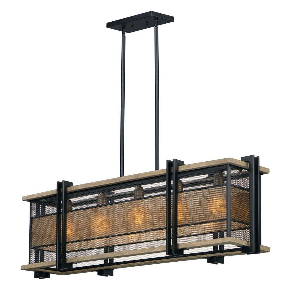 Maxim Lighting Boundry 27567BKBWAB 5 light linear pendant in black barn wood and antique brass