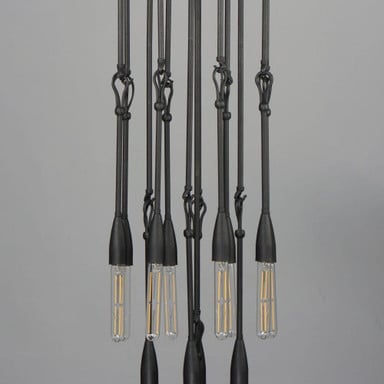 Maxim Lighting 27719AR Pioneer 13 Light Anthracite Pendant - close-up detail of forged iron hook and loop accents