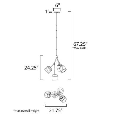 Dimension diagram for Maxim Lighting 28274DBZAB Akimbo Pendant showing 21.75 inch width, 24.25 inch fixture height, and 67.25 inch max overall height