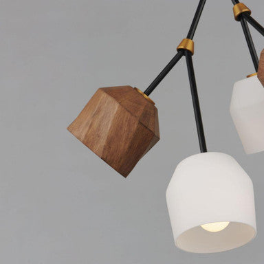 Detail view of Maxim Lighting 28274DBZAB Akimbo Pendant featuring faceted walnut wood shade and frosted white glass shade