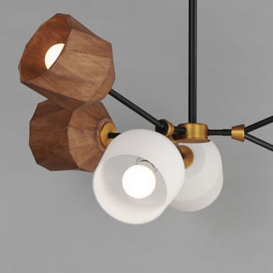 Maxim Lighting 28276DBZAB Akimbo Pendant detail view of wood shades and glass globes with antique brass hardware