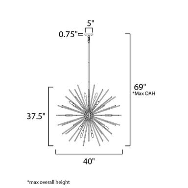Maxim Lighting 28666CLPC Polaris Pendant - dimension diagram showing 40 inch width, 37.5 inch height, 5 inch canopy, 69 inch max overall height