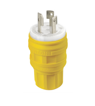 Leviton 28W08 30 Amp, 125/250 Volt, Non-NEMA, 3P, 3W, Locking Plug, Industrial Grade, Non-Grounding, Wetguard - YELLOW