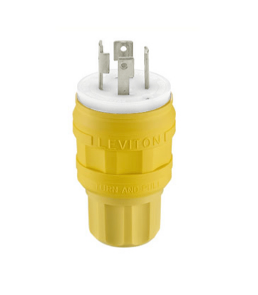 Leviton 28W75 30 Amp, 250 Volt 3-Phase, NEMA L15-30P, 3P, 4W, Locking Plug, Industrial Grade, Grounding, Wetguard - YELLOW