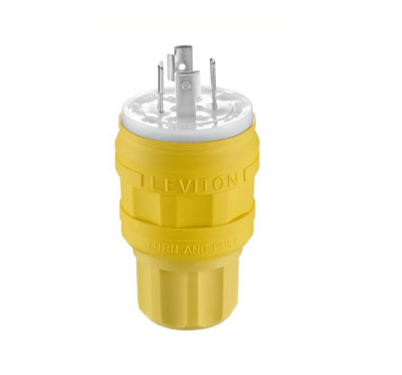Leviton 28W77 30 Amp, 600 Volt 3-Phase, NEMA L17-30P, 3P, 4W, Locking Plug,Industrial Grade, Grounding, Wetguard - YELLOW