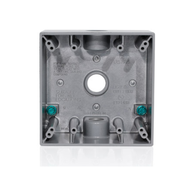 Leviton 2GM53-GY 2-Gang Die-Cast Weatherproof Box with Three 1/2" Diameter Outlets, Includes Mounting Hardware and Inserts to Cover Unused Openings - GRAY