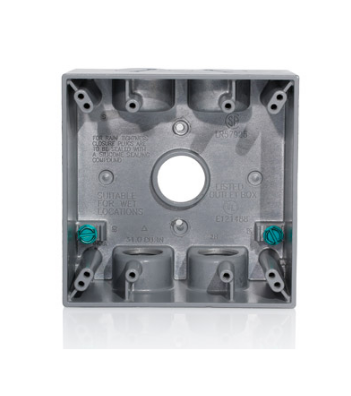 Leviton 2GM75-GY 2-Gang Die-Cast Weatherproof Box with Five 3/4" Diameter Outlets, Includes Mounting Hardware and Inserts to Cover Unused Openings - GRAY