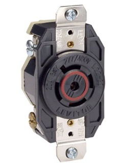 Leviton 2520 20A, 277/480V 3-Phase Y, NEMA L22-20R, 4P, 5W, Flush Mtg Locking Receptacle, Grounding, V-0-MAX, Black