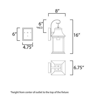 Maxim Lighting 30022CLBK Vicksburg Outdoor Wall Lantern - Dimensions Diagram