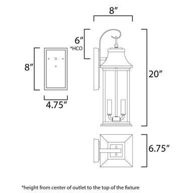 Maxim Lighting 30023CLBK Vicksburg 2 Light Black Outdoor Wall Lantern - Dimensions Diagram