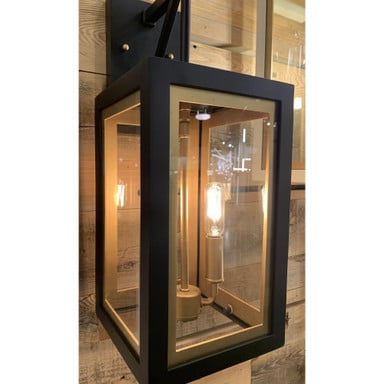 Maxim Lighting 30054CLBKGLD Neoclass 2 Light Outdoor Wall Lantern Black Gold lifestyle installed on wood wall