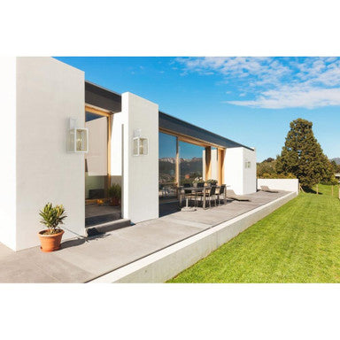 Maxim Lighting Neoclass Outdoor Wall Lantern White/Gold variant shown on modern patio lifestyle photo