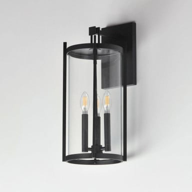 Maxim Lighting 30065CLBK Belfry 3 Light Black Outdoor Wall Sconce Angled Side View on Grey Background