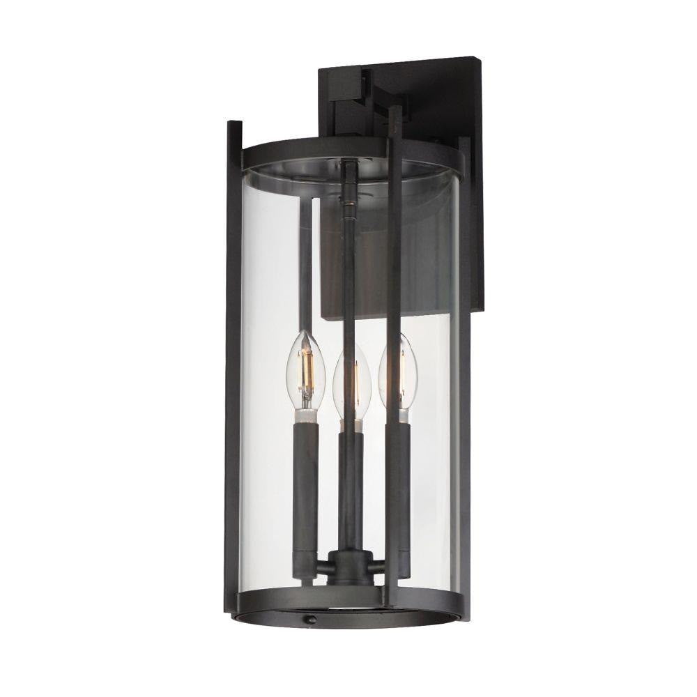 Maxim Lighting 30065CLBK Belfry 3 Light Black Outdoor Wall Sconce with Clear Cylindrical Glass on White Background
