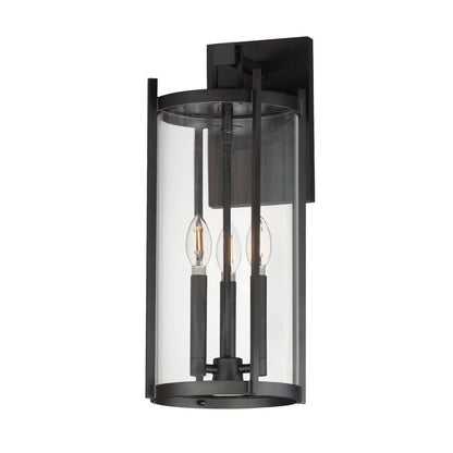 Maxim Lighting 30065CLBK Belfry 3 Light Black Outdoor Wall Sconce with Clear Cylindrical Glass on White Background