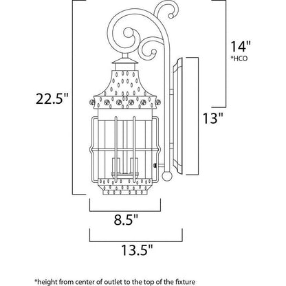 Maxim Lighting 30084CDCF Nantucket Outdoor Wall Lantern dimensions diagram: 22.5 inch height, 8.5 inch width