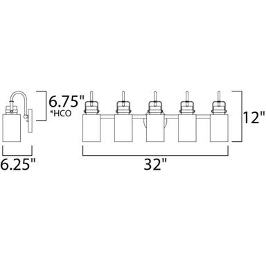 Maxim Lighting 30173CLBZGLD Magnolia 5 Light Vanity - Dimensions Diagram 32 inch Wide 12 inch Height