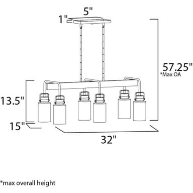 Maxim Lighting 30177CLBZGLD Magnolia Dimensions Diagram - 32 inch Width, 13.5 inch Height, 57.25 inch Max Overall Height