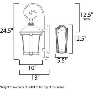 Maxim Lighting 3024CDBZ Dover DC Outdoor Wall Lantern - Dimensions Diagram 24.5 inch Height 10 inch Width