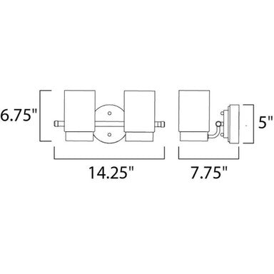 Maxim Lighting 30262CLFTSN Mod 2 Light Satin Nickel Bath Vanity Wall Light - Dimensions Diagram (14.25W x 6.75H x 7.75D inches)