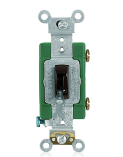 Leviton 3031-2L 30A, 120/277V Toggle Single-pole AC Quiet Switch, Extra Heavy Duty Spec Grade, Self Grounding, Back & Side Wired, Brown Finish
