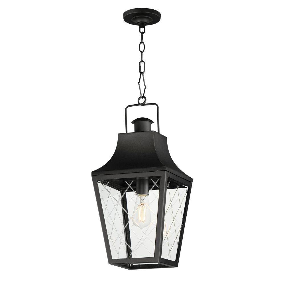 Maxim Lighting 30369CLBK Storybook 1 Light Matte Black Outdoor Pendant with Cross-Etched Clear Glass on White Background
