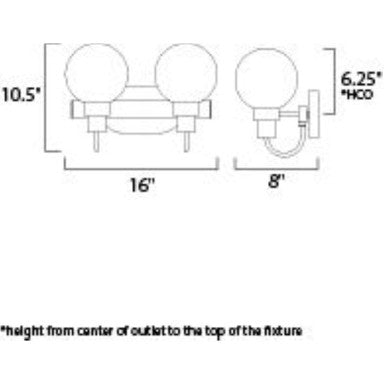 Maxim Lighting 30512CLBZSBR Bauhaus 2 Light Bath Vanity Wall Light - dimension diagram showing 16 inch width, 10.5 inch height, 8 inch extension