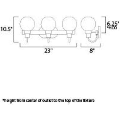 Maxim Lighting 30513CLBZSBR Bauhaus 3 Light Bath Vanity Wall Light - Dimension Diagram 23 x 10.5 Inches