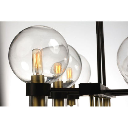 Maxim Lighting 30519CLBZSBR Bauhaus Linear Pendant - Close-Up of Clear Glass Globe Shades and Bronze/Satin Brass Detail