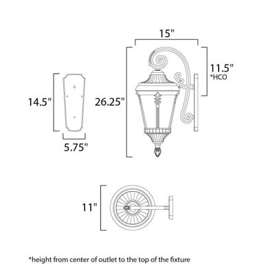 Maxim Lighting 3055WGBK Sentry 3 Light Black Outdoor Wall Lantern - Dimensions Diagram
