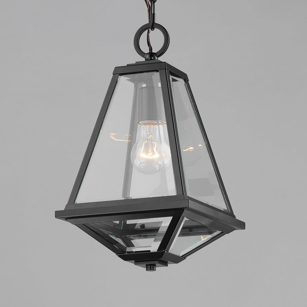 Maxim Lighting 30569CLBK Prism Black Outdoor Pendant side angle view illuminated on grey background
