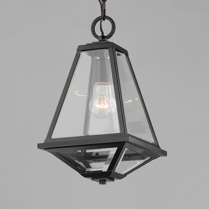 Maxim Lighting 30569CLBK Prism Black Outdoor Pendant side angle view illuminated on grey background