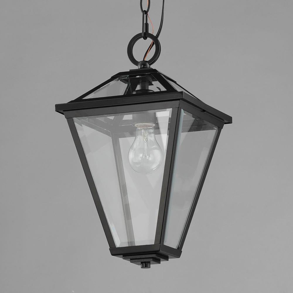 Maxim Lighting 30569CLBK Prism Black Outdoor Pendant close-up angled view on grey background