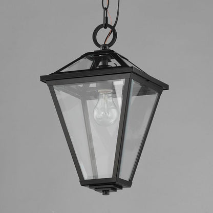 Maxim Lighting 30569CLBK Prism Black Outdoor Pendant close-up angled view on grey background