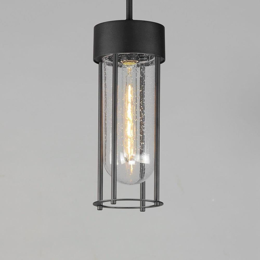 Maxim Lighting 30587CDBK Millennial 1 Light Matte Black Outdoor Mini Pendant - Angled close-up view with illuminated filament bulb visible through seeded clear glass
