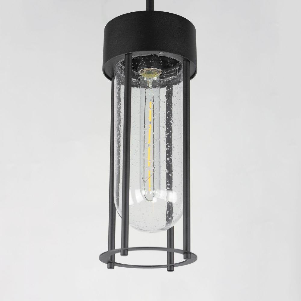 Maxim Lighting 30587CDBK Millennial 1 Light Matte Black Outdoor Mini Pendant - Close-up front view of cylindrical seeded clear glass globe with filament bulb and black cage frame