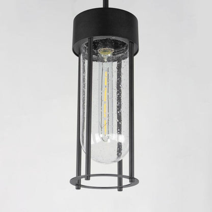 Maxim Lighting 30587CDBK Millennial 1 Light Matte Black Outdoor Mini Pendant - Close-up front view of cylindrical seeded clear glass globe with filament bulb and black cage frame