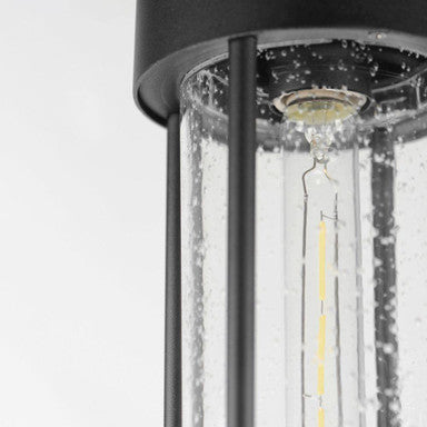 Maxim Lighting 30587CDBK Millennial 1 Light Matte Black Outdoor Mini Pendant - Detail top view of E26 socket mount inside seeded clear glass cylinder