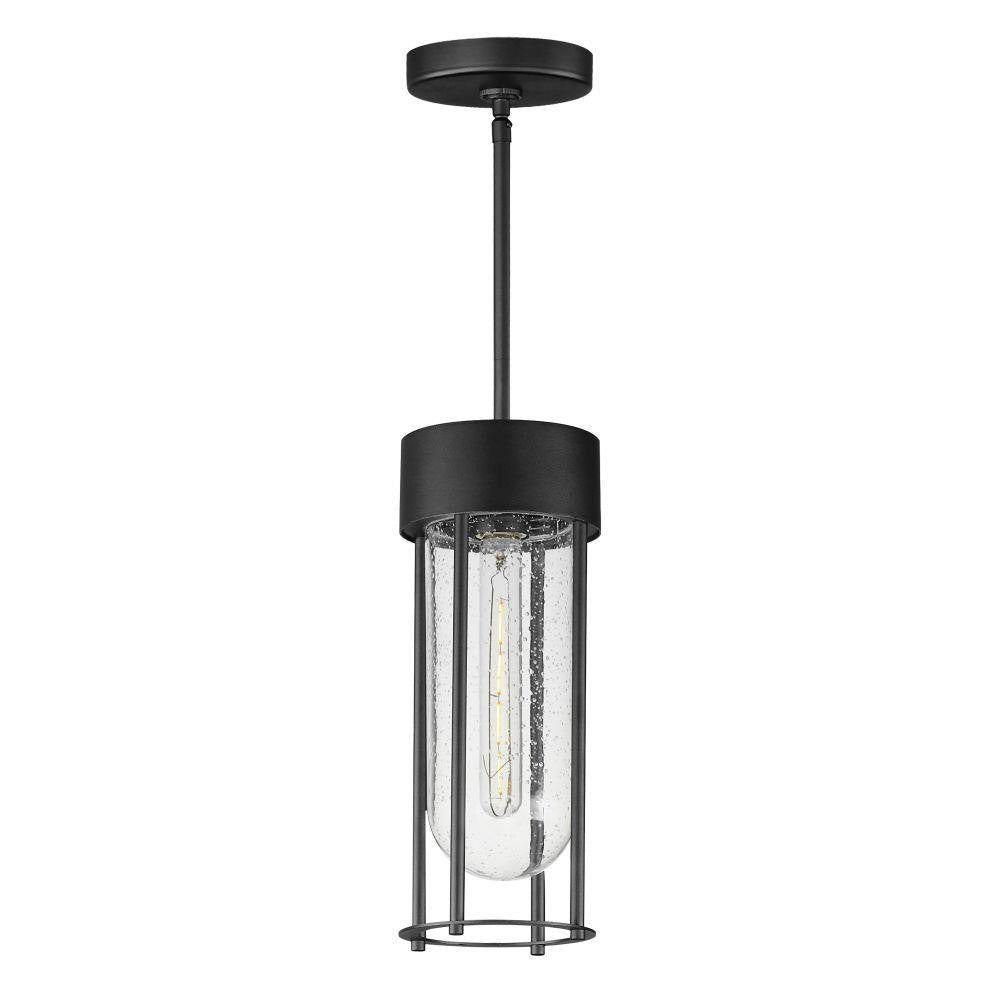 Maxim Lighting 30587CDBK Millennial 1 Light Matte Black Outdoor Mini Pendant - Full product view showing round black canopy, rod stem, and cylindrical cage pendant