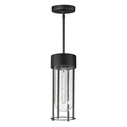Maxim Lighting 30587CDBK Millennial 1 Light Matte Black Outdoor Mini Pendant - Full product view showing round black canopy, rod stem, and cylindrical cage pendant