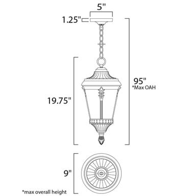 Maxim Lighting 3058WGBK Sentry Outdoor Hanging Lantern dimension diagram showing 9 inch width, 19.75 inch height, 5 inch canopy