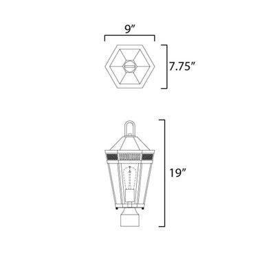 Maxim Lighting 30590CLBK Oxford dimension diagram showing 9 inch depth, 7.75 inch width, and 19 inch height