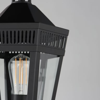Maxim Lighting 30590CLBK Oxford close-up detail of perforated filigree hood and clear glass panels