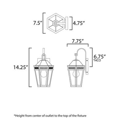 Maxim Lighting 30591CLBK Oxford 1 Light 14.25 Inch Black Outdoor Wall Lantern - Dimensions Diagram