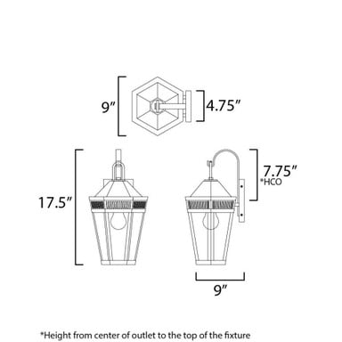 Maxim Lighting 30592CLBK Oxford 1 Light 17.5 Inch Black Outdoor Wall Lantern - Dimensions Diagram