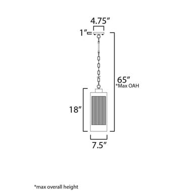 Maxim Lighting 30764CRBKAB Triform Outdoor Pendant - dimension diagram showing 18 inch height, 7.5 inch width, 65 inch max overall height