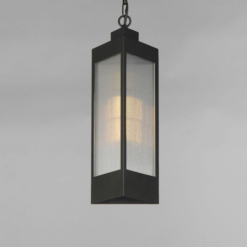Maxim Lighting 30764CRBKAB Triform Outdoor Pendant - front view showing clear ribbed glass panels